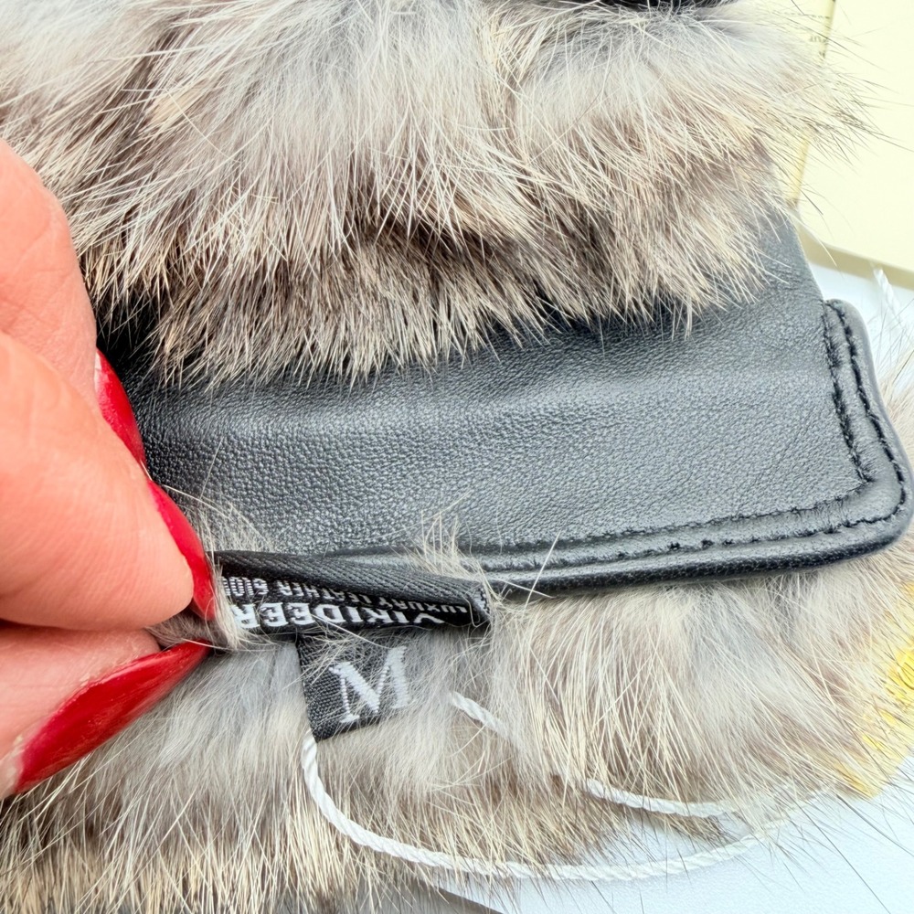 VIKIDEER Quilted Leather Gloves Women M Black Rabbit Fur Trim Cashmere Lined NEW - Picture 8 of 10